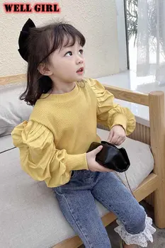 Baby dievčatá pletené tričko topy s dlhým rukávom deti oblečenie na jar lístkového rukáv kolo krku batoľa košele skladaný ruched 2 do 8 rokov