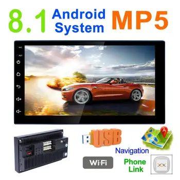 2 DIN 7 Inch QUAD-core Android 8.1 HD Kapacitný Displej Bluetooth Auto MP5 GPS Prehrávač Podpora pre AM / FM / AUX In / WIFI/ Mirrorlink