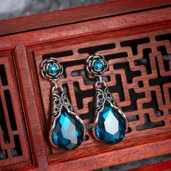 Retro Strieborné Pozlátené Modré Crystal Kvet Visieť Drop Vintage Náušnice Dlhé Náušnice Svadobné Svadobné Náušnice, Šperky, Zásnubné