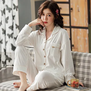 Ženy Čisté bavlnené Pyžamá Klasické Domáce oblečenie Kvalitné Pyžamo Nastaviť Cardigan dvoch-dielny oblek Pyžamo Trend Luxusné Pyžamo Ženy