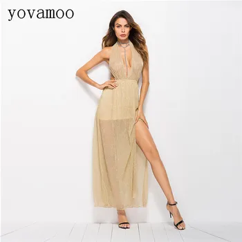 Yovamoo Leta 2018 Sexy Hlboké V-neck Backless s uväzovaním za Split Šaty Vysoký Pás Dlhé Poschodí Šaty Žien Farbou
