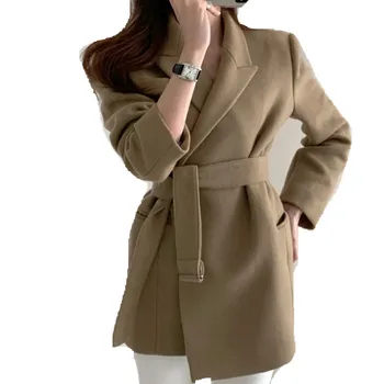Nové 2020 Jeseň Zima Ženy Blejzre Vlnené Kabáty Bundy Vrchné Oblečenie Zahustiť Teplé Čipky Office Lady Slim Klope Kabát Khaki