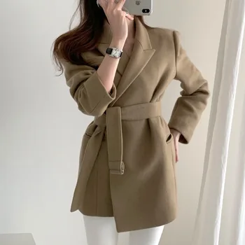 Nové 2020 Jeseň Zima Ženy Blejzre Vlnené Kabáty Bundy Vrchné Oblečenie Zahustiť Teplé Čipky Office Lady Slim Klope Kabát Khaki