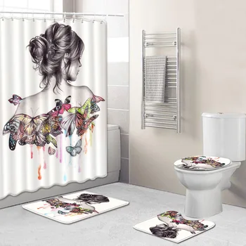 4PCS Nových Afrických Fialová Dievčatá Nepremokavé Kúpeľni Sprchový Záves nastaviť Anti-slip 3D tlač Wc Polyester Kryt Mat Nastaviť kvapka loď