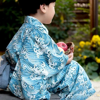 Tradičný Japonský Štýl Kostýmy pre Deti Vlna Vytlačené Chlapec Yukata Nastaviť Bavlna Vintage Kimono Dlhý Rukáv Šaty ZH112