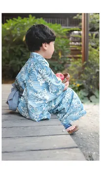 Tradičný Japonský Štýl Kostýmy pre Deti Vlna Vytlačené Chlapec Yukata Nastaviť Bavlna Vintage Kimono Dlhý Rukáv Šaty ZH112