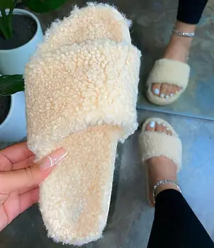 2020 jeseň/zima nové chlpaté ploché bežné papuče plážové sandále domov odolné non-slip ženy papuče/flip flop