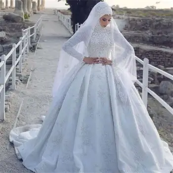 2019 Moslimských Svadobné Šaty Dlhé Rukávy Čipky Appliqued Sweep Vlak Svadobné Šaty Dlhý Vlak Plesové Šaty, Vestido De Novia