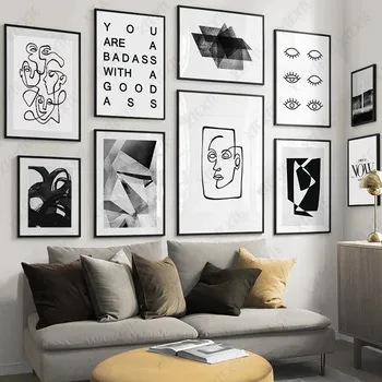 Čierne Biele Abstraktné Maliarske Plátno Charakter Line Očí Plagát Vzor List Tapety Umelecké Remeslo Vytlačiť Obrázok pre Home Decor