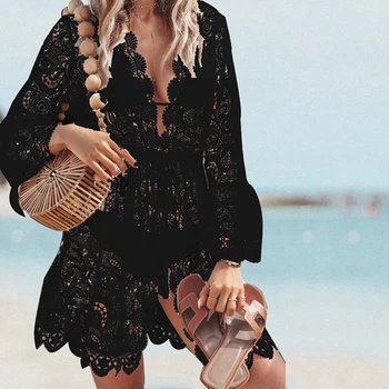 Ženy Dlhým rukávom Šaty 2020 Lete Nové Módne Dámy Beach Sexy Pevné Šaty Čipky Hlboké V-Neck Elegantné Party Šaty