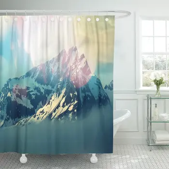 Misty Mountain Peak Krajiny Slnečnému žiareniu Snehu Prírody Kúpeľňa Opony Nepremokavé Polyesterové Tkaniny 72 x 72 Cm Set s Háčikmi