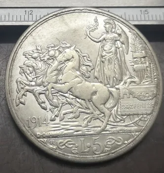 1914 Taliansko 5 Lire - Vittorio Emanuele III Strieborné Pozlátené Mince(Typ 3)