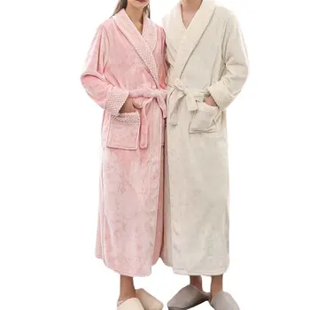 Zimné Hrubé Teplé Žena Muž Coral Fleece Kimono Župan Milovníka Pár Nightgown Vaňa Šaty Sleepwear Veľké Dlhý Odev 2019 Župan