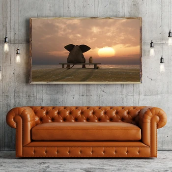 Slon a Pes pri Pohľade Na západ Slnka Plagát na Stenu Umelecké Plátno na Maľovanie Modernou Potlačou obrazov na Stenu pre Obývacia Izba Domova