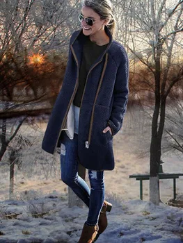 Ženy zimné vysoká krku Bežné Vrecko na zips s Kapucňou Vetrovka Flanelové Outwear Cardigan Sveter Kabát Umelú kožušinu plyšové teplá bavlnená bunda