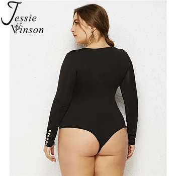 Jessie Vinson Plus Veľkosť Dlhý Rukáv O-krku Zips Chudá Kombinézu Ženy Sexy Čiernu Kombinézu Romper 4XL 5XL Žena Kombinézach 2019