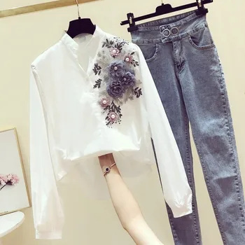 2021 Jeseň Nový kórejský Módne Výšivky Výšiviek tvaru Dlho puzdre Tričko Ženy Bežné Biele Tričko
