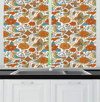 Biely Multicolor Ľudové Umenie Kuchyne Závesy Kvetinový Téma Inšpirované Vintage Štýle Art Okrasné Vtáky, Kvety pre Kuchyňa Kaviareň
