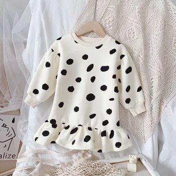 1-8Y Baby Girl Dress Velvet Midi Jeseň Dlhý Rukáv Prehrabať Lem Kolo Golier Jahoda Krava Pokožky Vytlačené Princezná Šaty