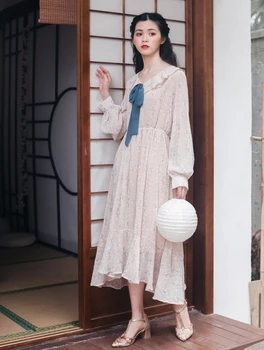 2019 nové módne dámske šaty Letné šifón kvetinové šaty Francúzsko dlhý rukáv čerstvé