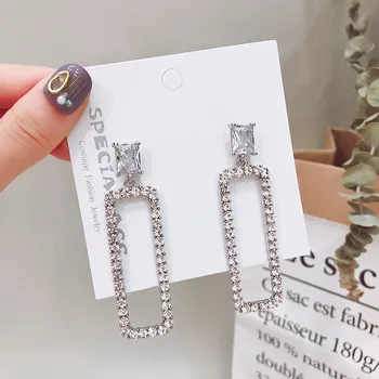 Ženy 925 Silver kórejský drahokamu crystal Geometrické Námestie Prívesok visieť drop Náušnice Bijoux Príslušenstvo Šperky