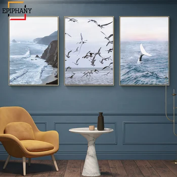 Námornícka Modrá Triptych Wall Art Pobrežných Tlač Tichom Veľryba Galéria Plátno na Maľovanie Seascape Nordic obrazov na Stenu pre Obývacia Izba