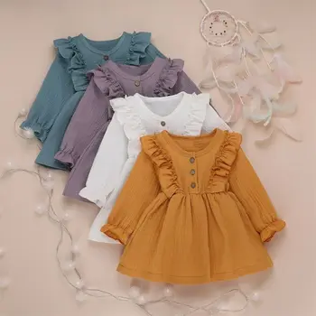 Roztomilý Batoľa Detský Baby Girl Dress Multicolor Móda Čipky Pás Bavlnená posteľná Bielizeň Strany Bežné Princezná Tlačidlo Sundress 1-5Y