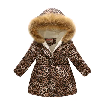 2018 Nový Rok, Nové Zimné detské Oblečenie Dievčatá je Leopard Vytlačené Deti Dlho Kožušiny Golier s Kapucňou Bavlna-Vatovaný Kabát Oblečenie
