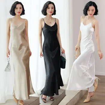 Bella filozofia 2020 Ženy Saténová Košieľka Dlhé Šaty lady Faux Hodváb Špagety Popruh Tenké Šaty ženského tvaru Bežné vestidos