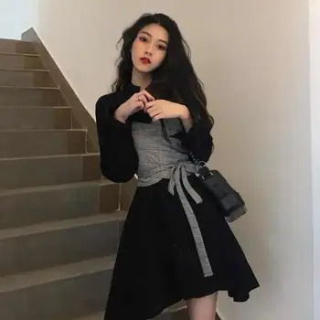 Jar kórejský Nové 2021 Bežné Dlhý Rukáv Falošné Dve Šaty Lady Koberčeky A-line dámske Šaty Elegantné Maxi Šaty