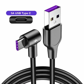 5A USB Typu C Kábel Rýchle Nabíjanie Pre Xiao 90 Uhol Dátové Káble, Nabíjačky, 1m 2m Typ-C Drôt Nabíjačku Telefónu Káble Pre Huawei Mate