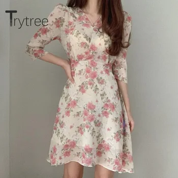 Trytree 2020 Lete Ženy Bežné Šaty tvaru Vytlačí Módne Šifón 2 Farba Módne Vysoký Pás Temperament Ročník Mini Šaty