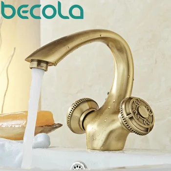 BECOLA Nový Design Dvojitá Rukoväť Kúpeľňa Umývadlo Ťuknite na položku Zmiešavač Teplej a Studenej Vody Antique Brass Povodí Kohútik B-10604