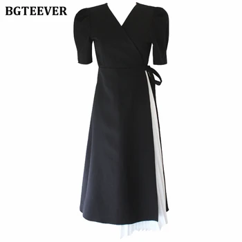 BGTEEVER Elegantného tvaru Patchwork Ženské Šaty Štíhly Pás Krajky-up-line Vestidos Femme Vintage Ženy Skladaný Šaty 2020