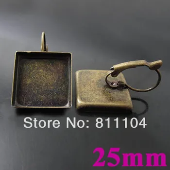 25 mm Vintage Antické Bronzové Pozlátené Štvorcový Rám Zásobníka, francúzsky Štýl Klip Háčik Náušnice Nastavenia Prázdne Šperky Zistenia Veľkoobchod