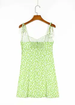 Módne letné šaty žien špagety popruhy nastaviteľné elastické luk šifón podšívka dovolenku pláž green mini šaty femme vestidos