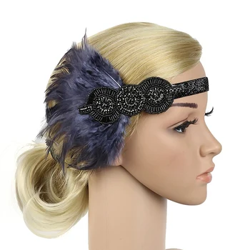Black Drahokamu Korálkové Sequin Vlasy Kapely 1920 Vintage Gatsby Strany Headpiece Ženy Krídlovky Pierko Čelenka na Vlasy Príslušenstvo