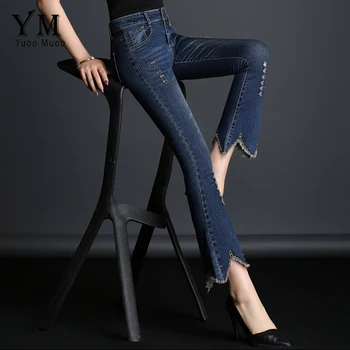 YuooMuoo Nové High Street Fashion Jeans Žena Jar Členok-dĺžka Džínsové Nohavice Prané Slim Asymetrické Obličkového Nohavice, Džínsy Femme