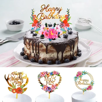 Happy Birthday Cake Vňaťou Farebná Tlač Kvet Akryl Tortu Vložiť Narodeninovej Party Dezert Dekorácie Pečenia Dodávky