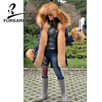 FURSARCAR Nový Štýl 2020 Reálny Kožušinový Kabát, Vetrovka Ženy S Veľkým Zlato Fox Kožušiny Golier A Manžety Zimné Luxusné Hrubé Teplé Kožušiny Vetrovka