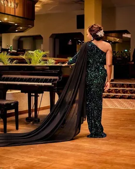 Luxusné Tmavo Zelená Jedného Pleca Prom Šaty s Zábal Plus Veľkosť arabčina Aso Ebi Sequined Večerné Šaty 2021 Nové vestidos