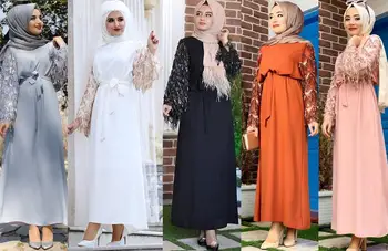 Ženy v Moslimských Abaya Šaty O Krk Dlhý Rukáv Elegantné Klubu Strany Islamských Šaty Dubaj tureckých Žien Islamskej Clothings s Strapec