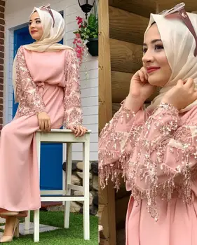 Ženy v Moslimských Abaya Šaty O Krk Dlhý Rukáv Elegantné Klubu Strany Islamských Šaty Dubaj tureckých Žien Islamskej Clothings s Strapec