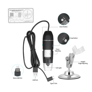USB Digitálny Zoom Lupa Mikroskop s OTG Funkciu, 8-LED Svetlo, lupa 1600X Zväčšenia so Stojanom