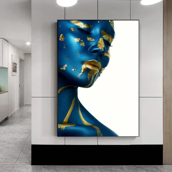 Blue Golden Nahé Indická Žena Plátno Maľovanie Sexy Dievča, Plagáty a Vytlačí Škandinávskych Wall Art Obrázok pre Obývacia Izba