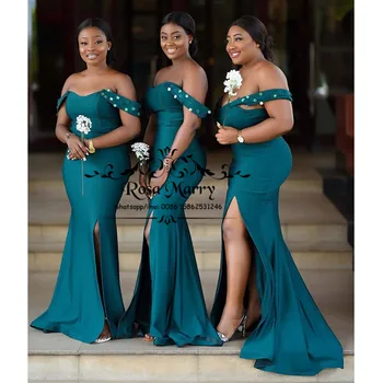 Zelené Plus Veľkosť Morská víla Afriky Družičky Šaty 2020 Mimo Ramenný Rozdeliť Krajiny Maid Of Honor vestidos de fiesta de noche