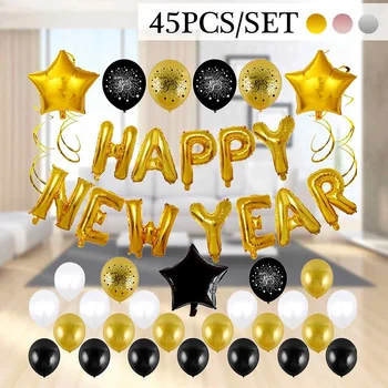 45Pcs Nastaviť 16Inch Fóliové Balóniky Šťastný Nový Rok Doma Centrá Party Dekorácie Oslava Dodávky 2020 List Silver/Gold/Rose Gold