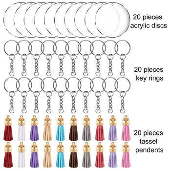 HOT-60Pcs Keychain Prázdne a Kľúč Krúžky Nastaviť Keychain Charms Akryl Jasné, Disky a Farebné Strapec pre DIY Projekty Craft