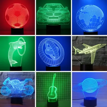 Dotykový Spínač 3D Lampa LED Nočné Svetlo Tvorivé Futbal Gitara USB Osvetlenie Abajur Dekoratívne Luminaria Novinka Lampada Nočného