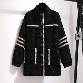 Jesenné a Zimné Tweed Coats pre Ženy Bežné Čierny Stojan Golier Dlhý Rukáv Vrecká Samostatné Breasted Plus Veľkosť Oblečenie Bunda